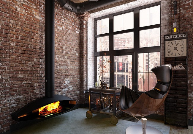 Комната с интересным камином Урбанистический интерьер комнаты